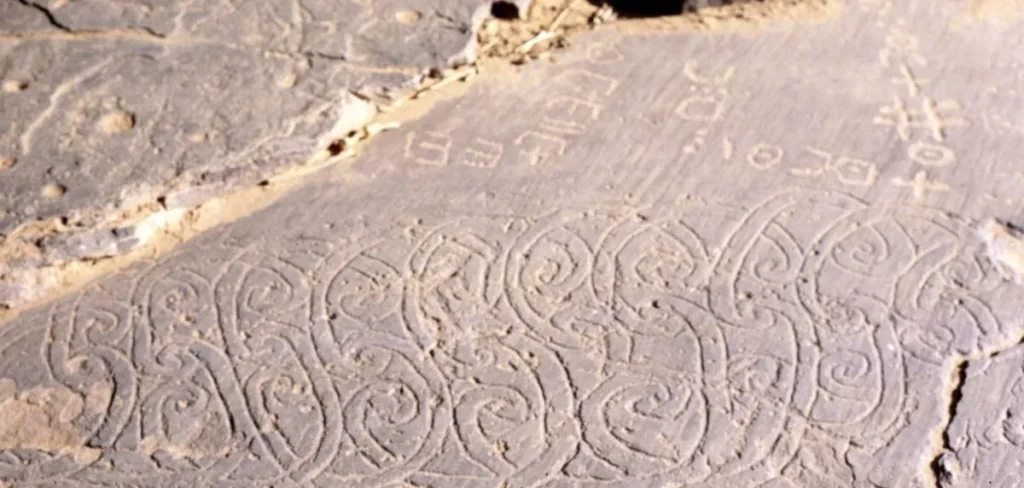Gravure rupestre avec écritures tifinagh dans le Sahara algérien — province de Tamanghasset.