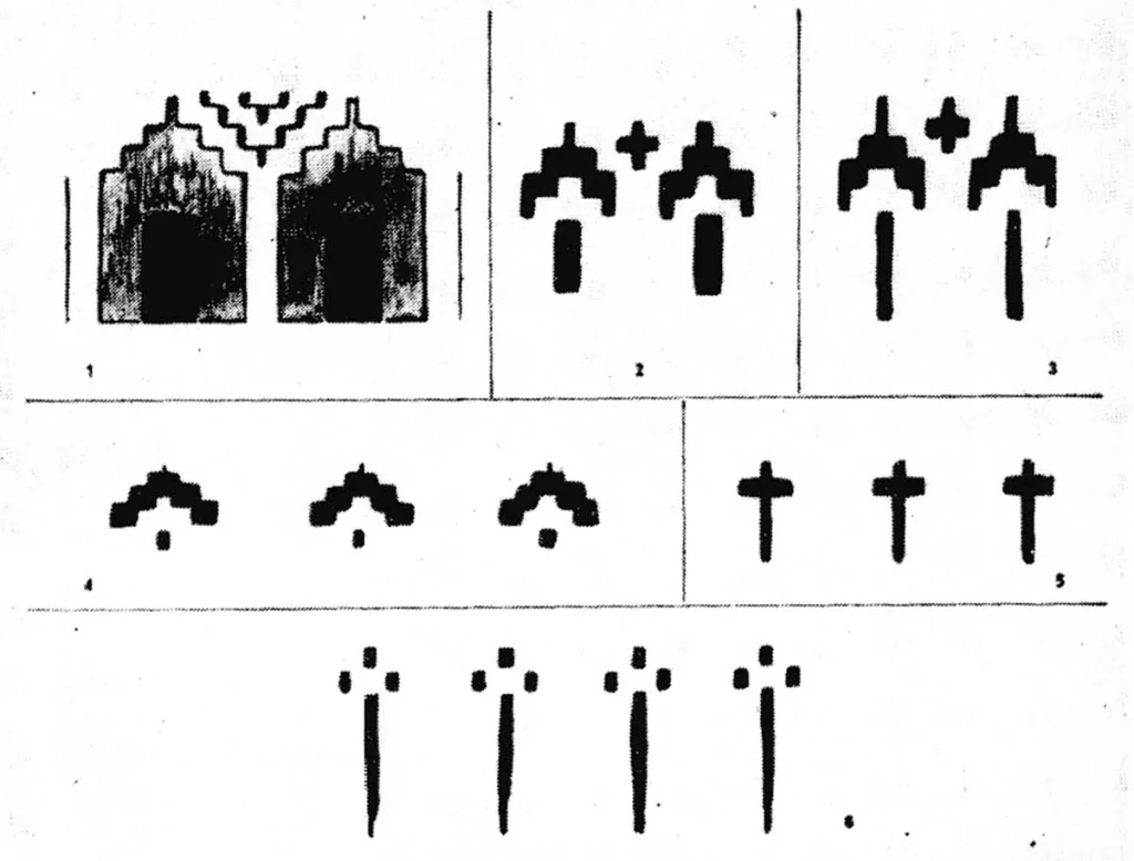 Small schematic arches: different forms of the arcaded frieze, resulting from successive simplifications.